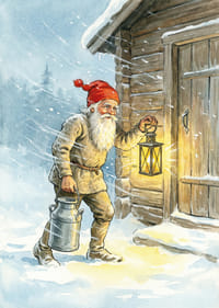 Een Kerstman met een lantaarn en een melkemmer in glinsterende sneeuw-3