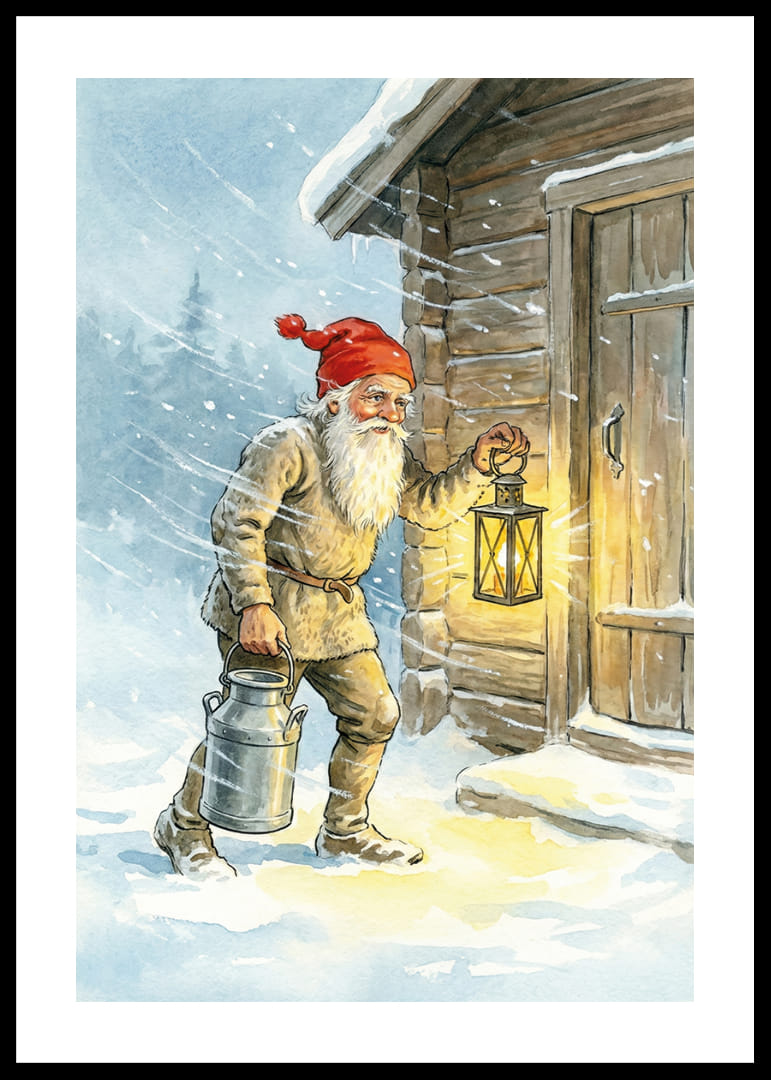 Een Kerstman met een lantaarn en een melkemmer in glinsterende sneeuw-12