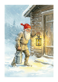 Een Kerstman met een lantaarn en een melkemmer in glinsterende sneeuw-1