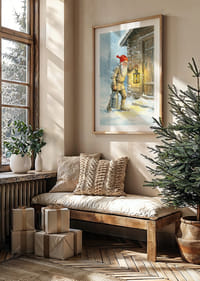 Een Kerstman met een lantaarn en een melkemmer in glinsterende sneeuw-4