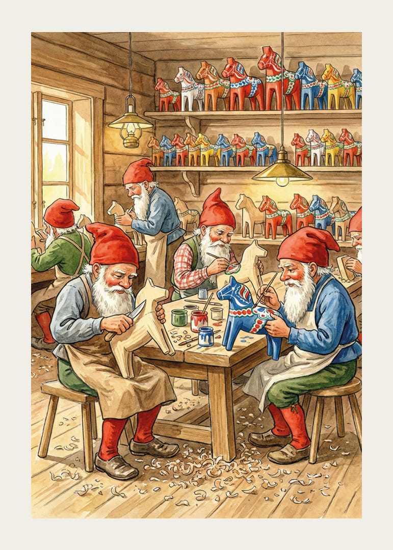 De elfen snijden Dala-paarden in een gezellige werkplaats-12