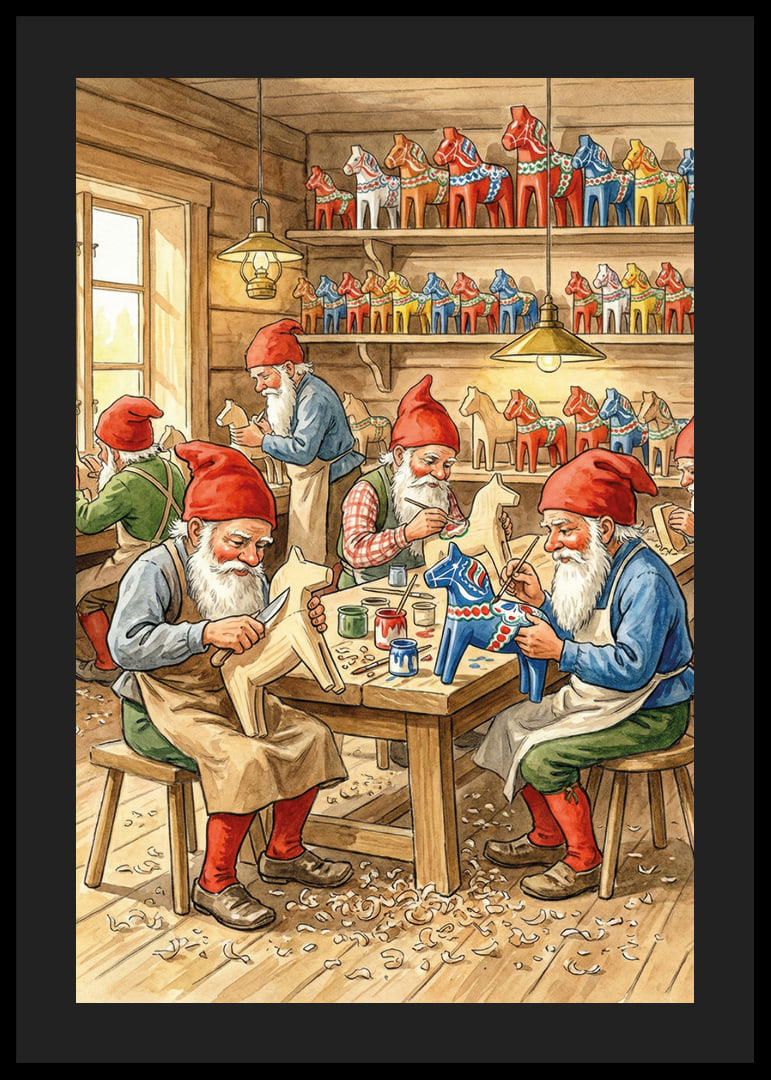 The elves carve Dala horses in a cozy workshop-12