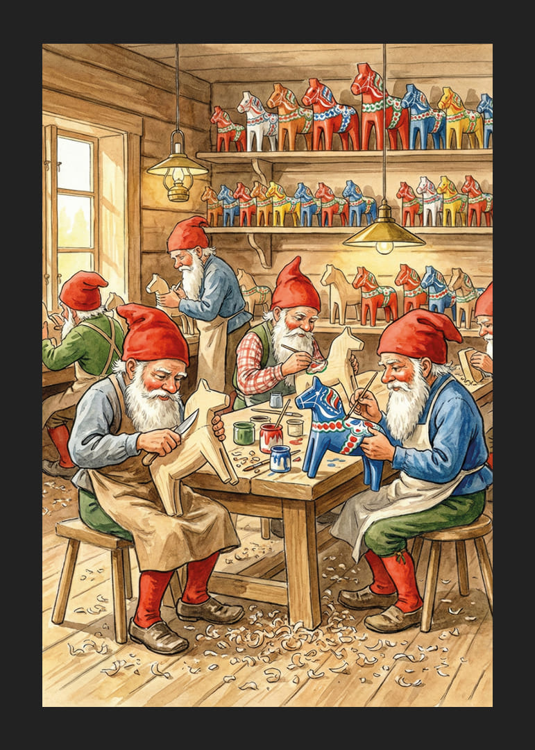 De elfen snijden Dala-paarden in een gezellige werkplaats-12