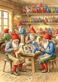The elves carve Dala horses in a cozy workshop-7