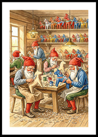 The elves carve Dala horses in a cozy workshop-0