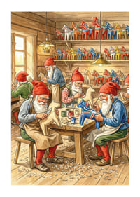 De elfen snijden Dala-paarden in een gezellige werkplaats-1