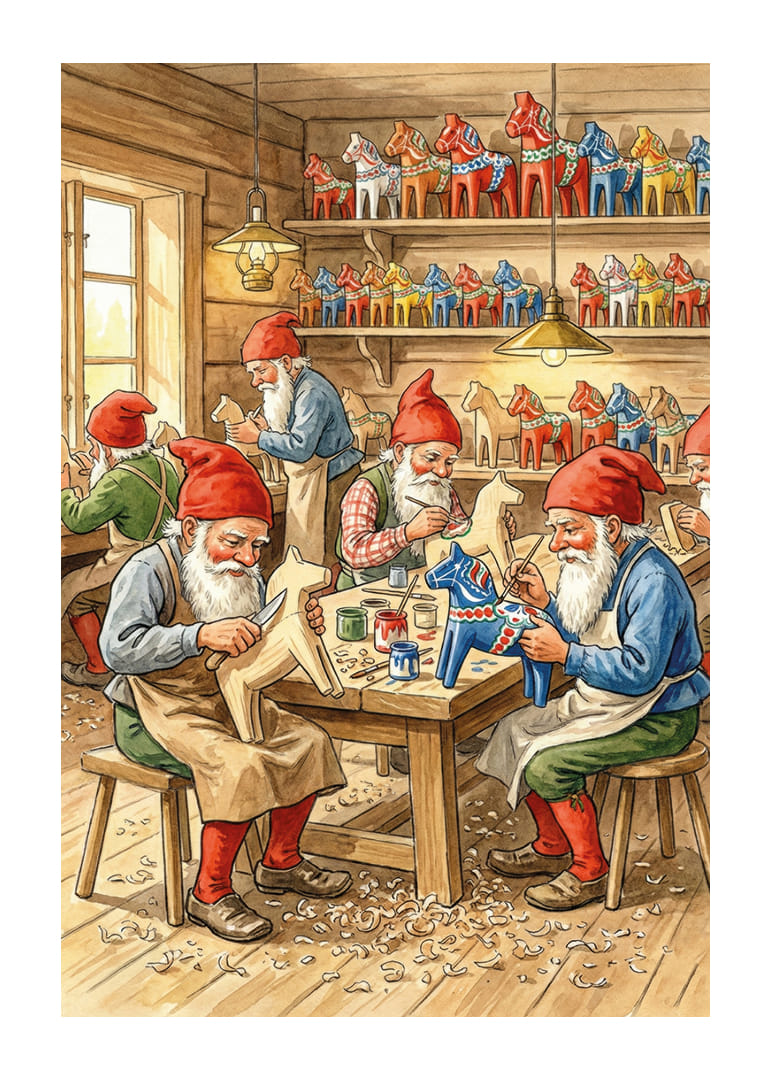 De elfen snijden Dala-paarden in een gezellige werkplaats-12