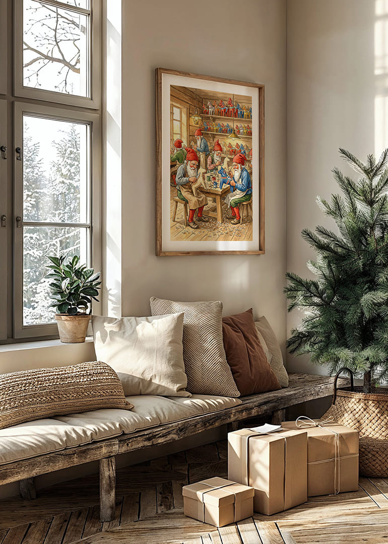 De elfen snijden Dala-paarden in een gezellige werkplaats-12