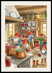 Elves in a kitchen filled with canned goods and copper racks-2