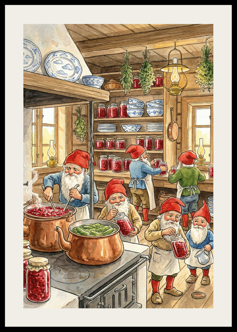 Elves in a kitchen filled with canned goods and copper racks-12