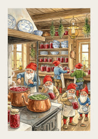 Nisser i et køkken fyldt med dåsevarer og kobberstativer-3