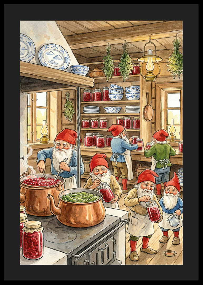 Nisser i et køkken fyldt med dåsevarer og kobberstativer-12