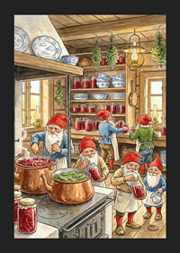 Elves in a kitchen filled with canned goods and copper racks-5