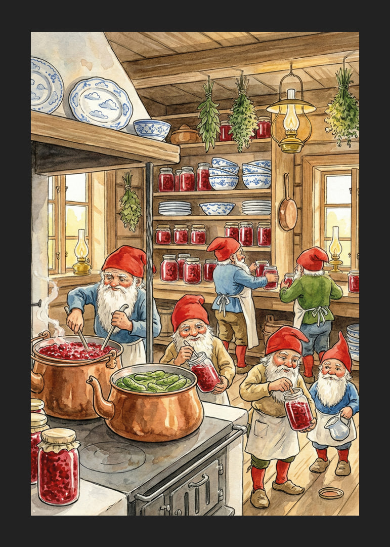 Elves in a kitchen filled with canned goods and copper racks-12