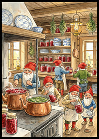 Elves in a kitchen filled with canned goods and copper racks-6