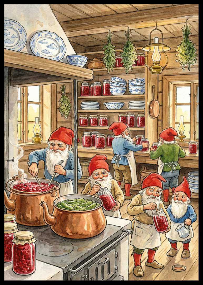 Elves in a kitchen filled with canned goods and copper racks-12