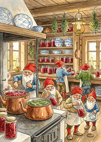 Elves in a kitchen filled with canned goods and copper racks-7