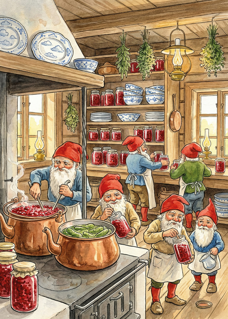 Elves in a kitchen filled with canned goods and copper racks-12