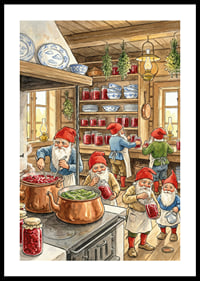 Elves in a kitchen filled with canned goods and copper racks-0
