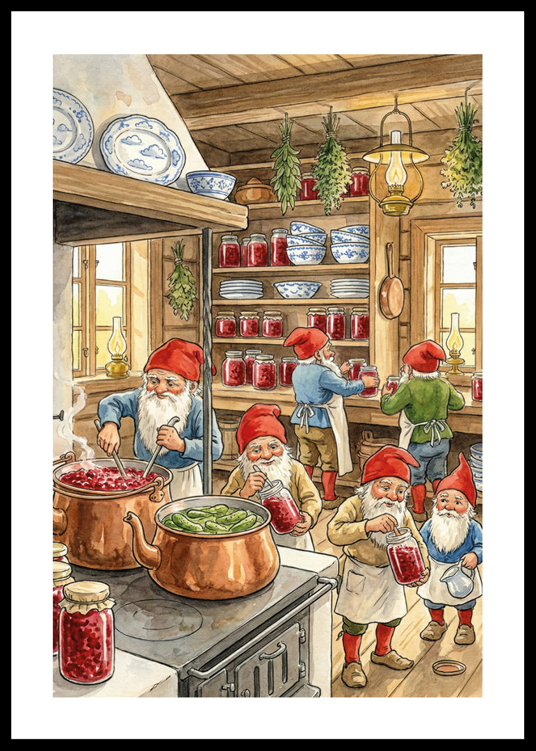 Elves in a kitchen filled with canned goods and copper racks-12