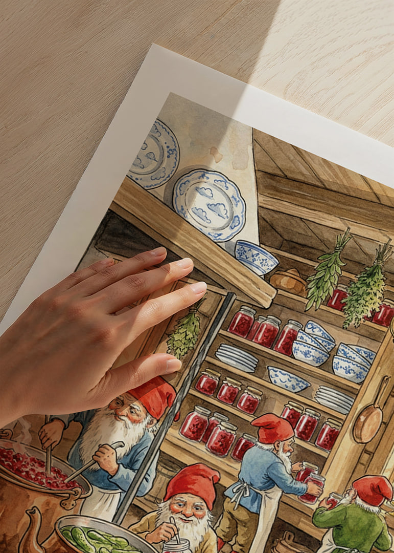Elves in a kitchen filled with canned goods and copper racks-12