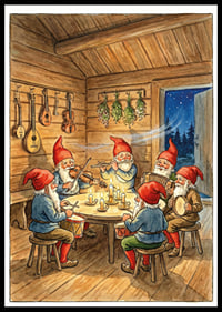 Elves playing music in a cozy cabin under a starry sky-0