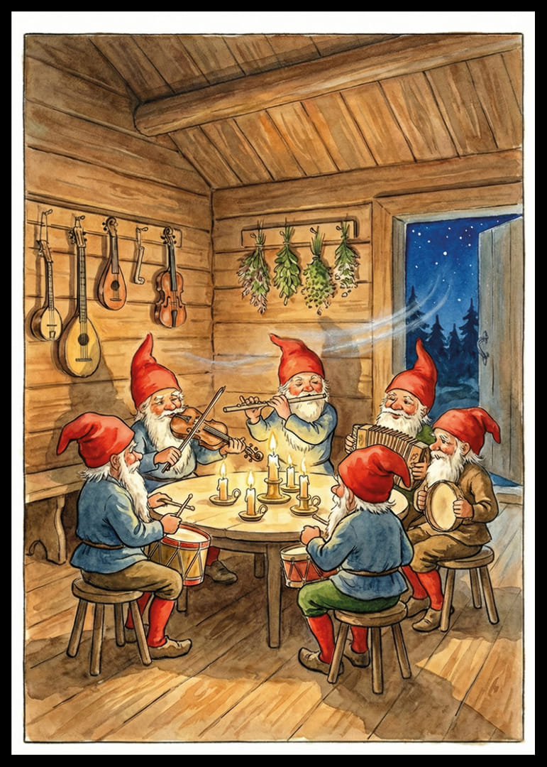 Elfen spelen muziek in een gezellige hut onder een sterrenhemel-12