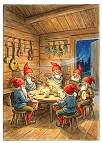 Elves playing music in a cozy cabin under a starry sky-1