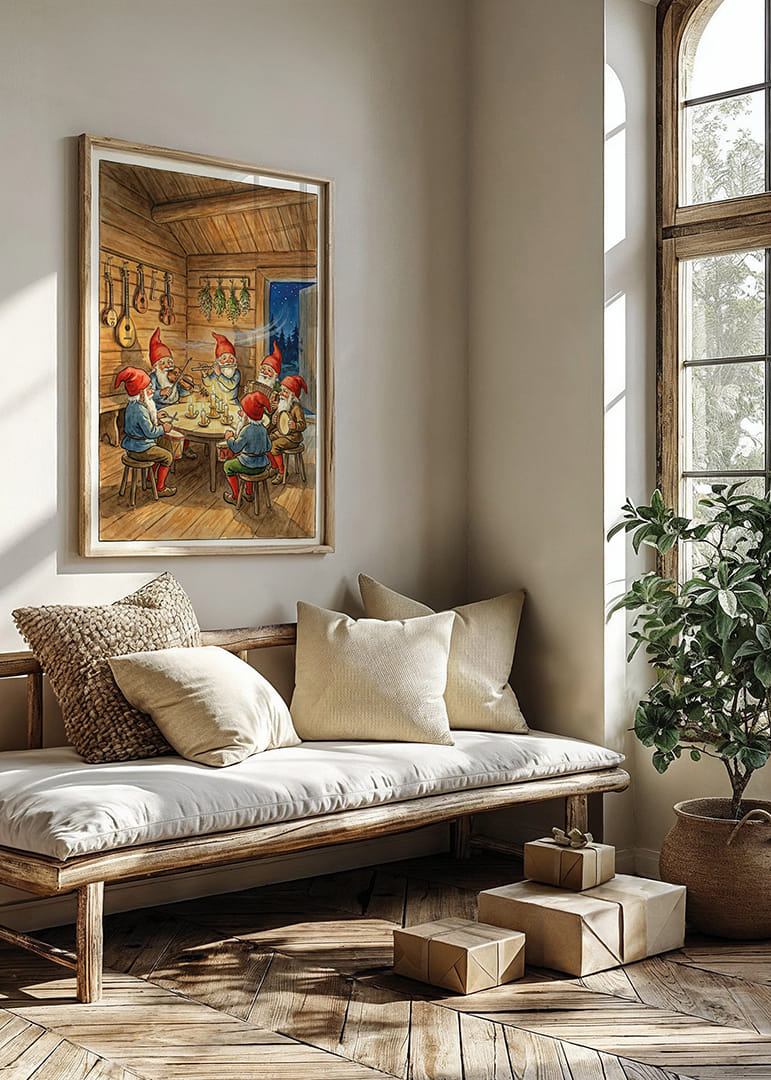 Elfen spelen muziek in een gezellige hut onder een sterrenhemel-12