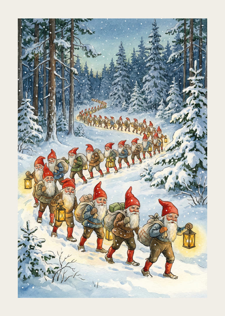 Elfen wandern im magischen Licht durch den Winterwald.-12