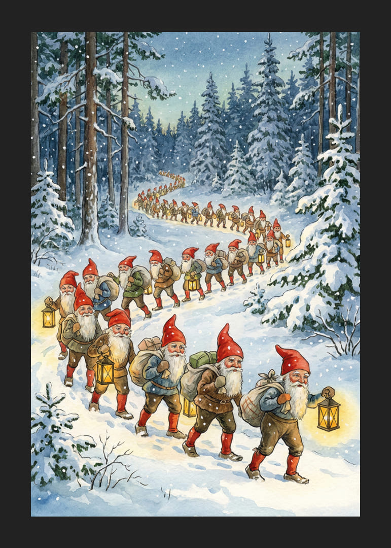 Elfen wandern im magischen Licht durch den Winterwald.-12