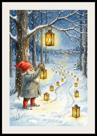 Nisser lyser en snedækket sti op med lanterner i vinternatten-2