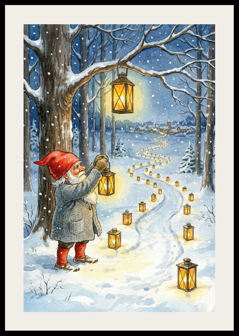 Nisser lyser en snedækket sti op med lanterner i vinternatten-12