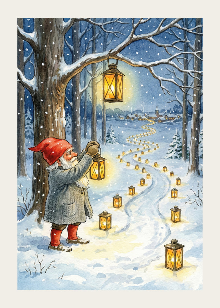 Gnomes light up a snowy path with lanterns in the winter night-12