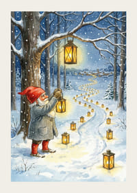 Nisser lyser en snedækket sti op med lanterner i vinternatten-3