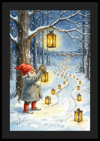 Nisser lyser en snedækket sti op med lanterner i vinternatten-4