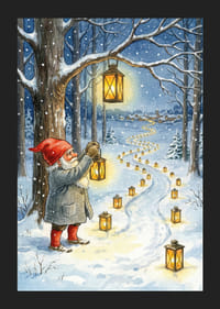 Nisser lyser en snedækket sti op med lanterner i vinternatten-5