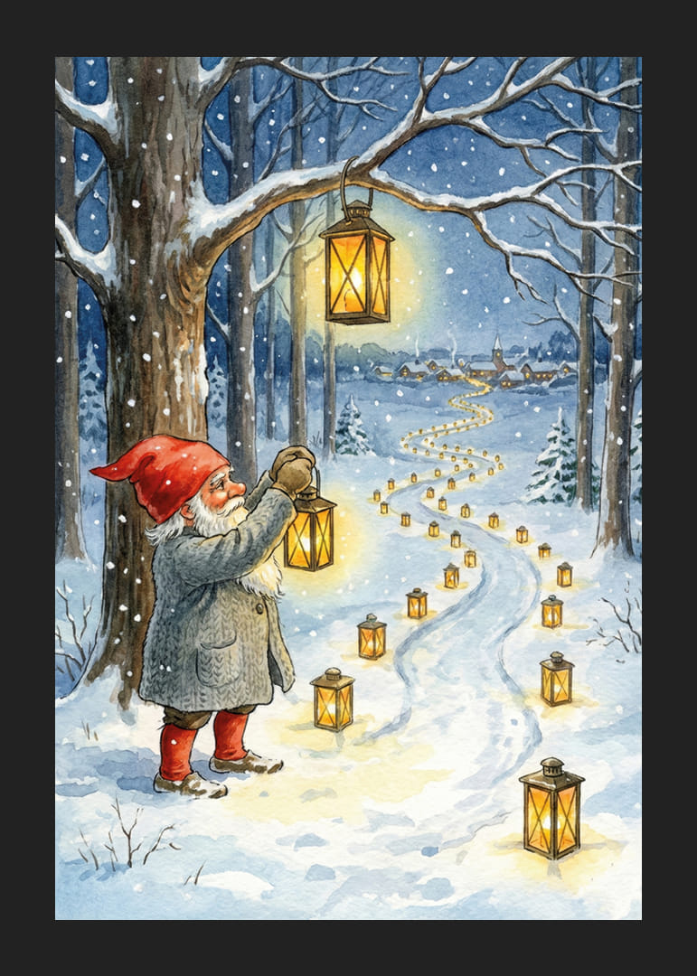 Nisser lyser en snedækket sti op med lanterner i vinternatten-12