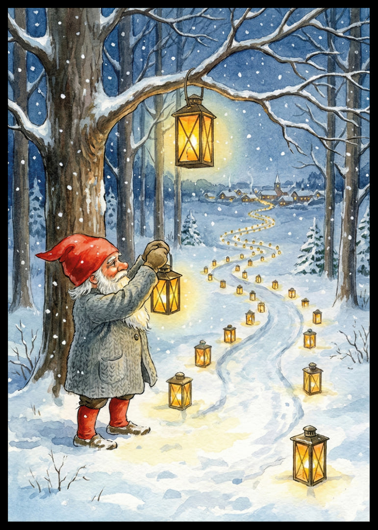 Gnomes light up a snowy path with lanterns in the winter night-12