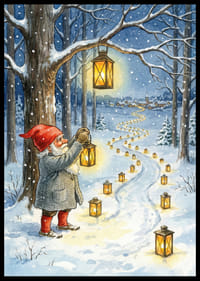 Kabouters verlichten een besneeuwd pad met lantaarns in de winternacht-2