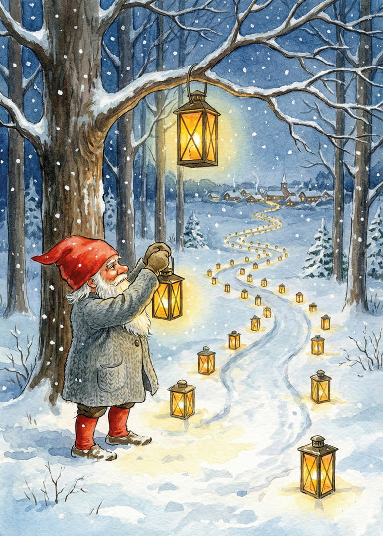 Kabouters verlichten een besneeuwd pad met lantaarns in de winternacht-12