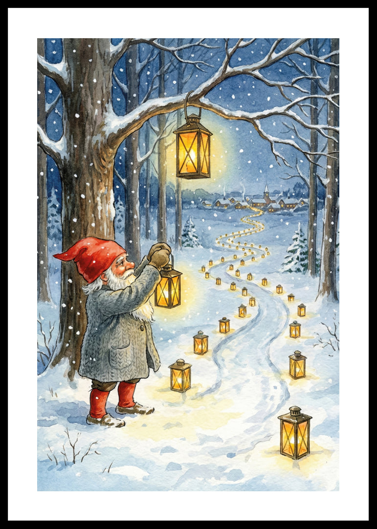 Gnomes light up a snowy path with lanterns in the winter night-12