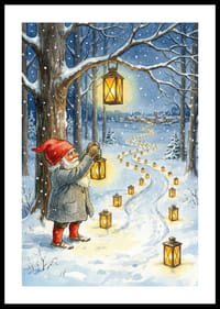 Kabouters verlichten een besneeuwd pad met lantaarns in de winternacht-0