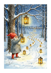 Gnomes light up a snowy path with lanterns in the winter night-1