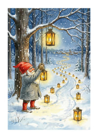 Kabouters verlichten een besneeuwd pad met lantaarns in de winternacht-1