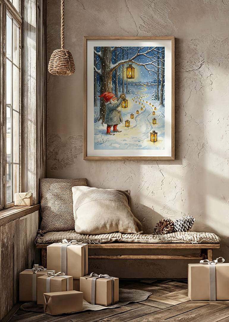 Kabouters verlichten een besneeuwd pad met lantaarns in de winternacht-12