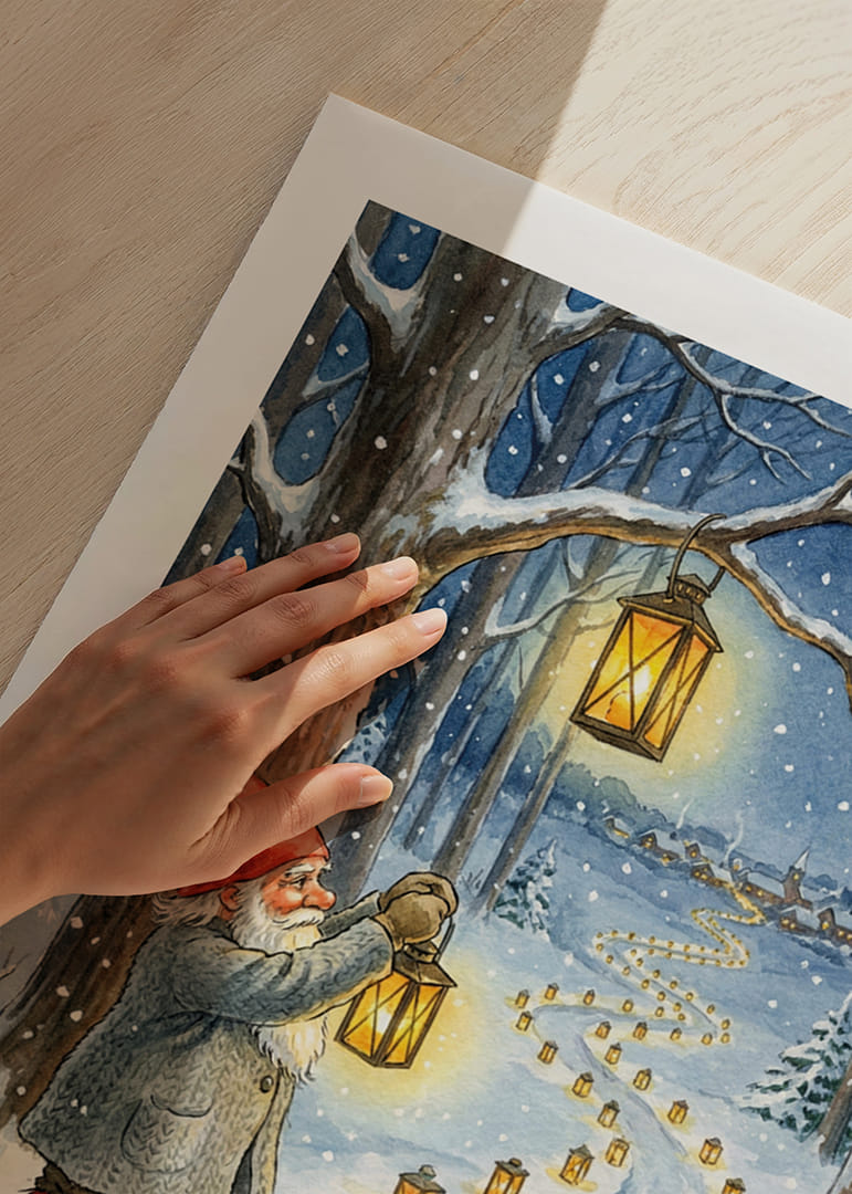 Kabouters verlichten een besneeuwd pad met lantaarns in de winternacht-12