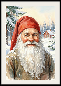 A smiling elf with a snowy landscape in the background-2