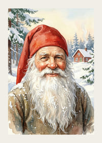 En smilende alf med et snedækket landskab i baggrunden-3