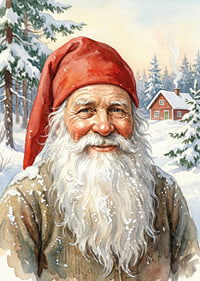 A smiling elf with a snowy landscape in the background-7